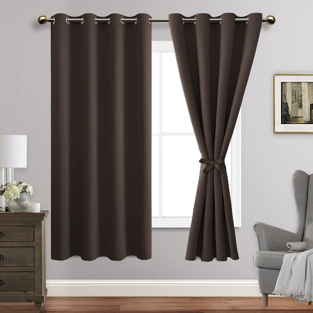 Jiuzhen Blackout Curtains With Tiebacks - Thermal Insulated, Light Blocking And Noise Reducing Grommet Curtain Drapes For Bedroom And Living Room, Set Of 2 Panels, Brown, 52X 63 Inch Length