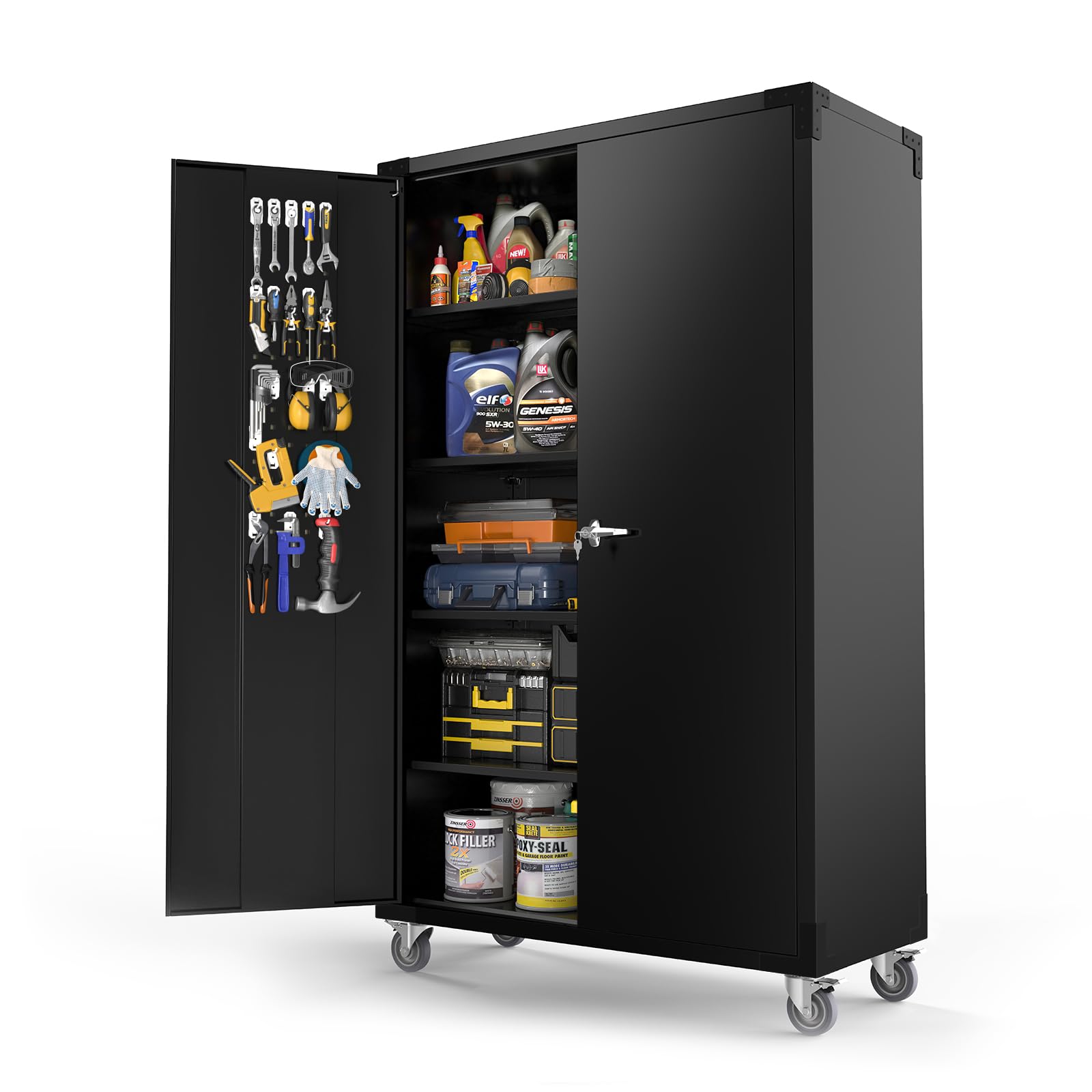 VINGLI Upgraded Wide & Deep Garage Storage Cabinet, Metal Storage Cabinet with Pegboards, Wheels, Locking Doors and Adjustable S