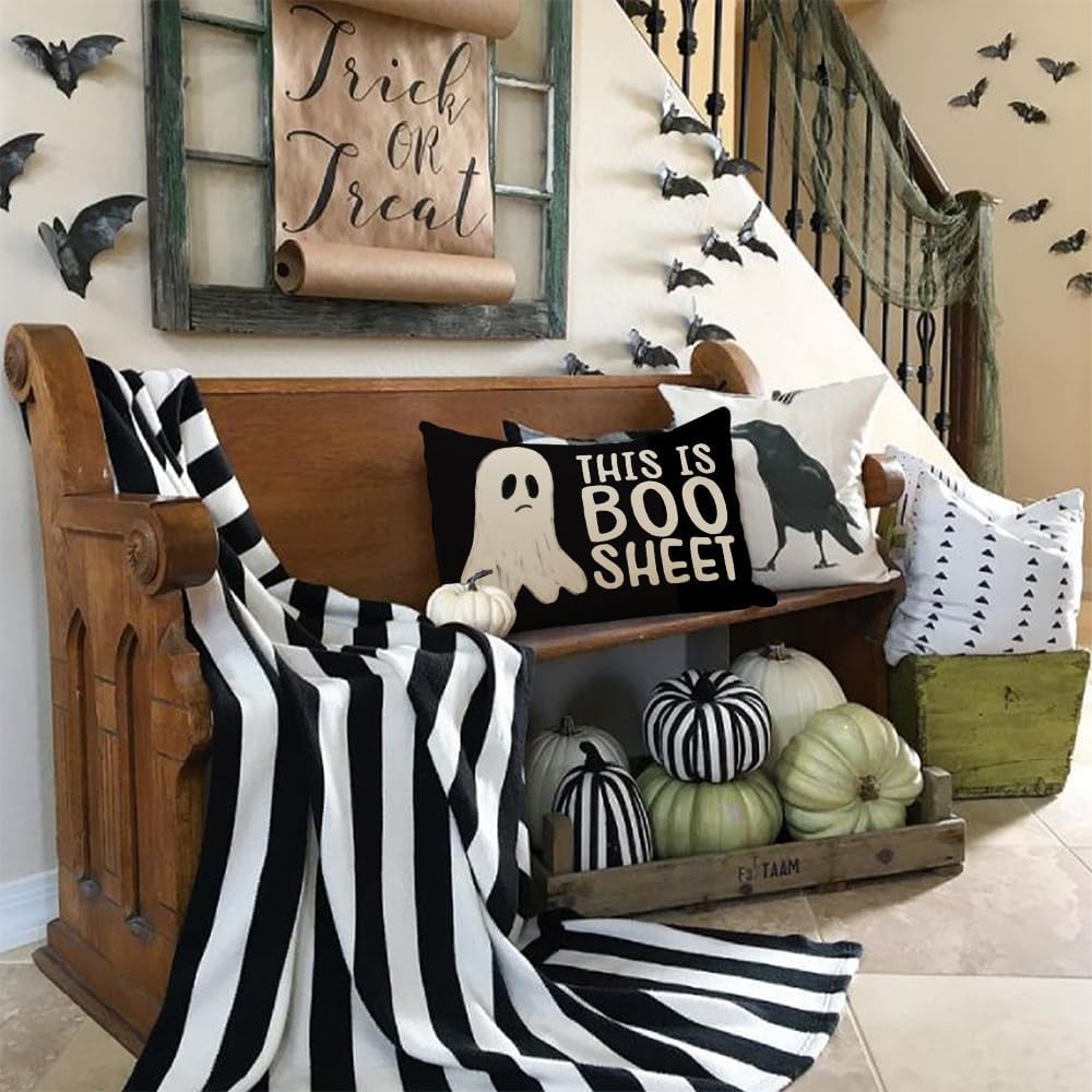 Aacors Halloween Pillow Cover 12X20 Inch Ghost Funny Halloween Saying Decoration Holiday Farmhouse Pillow Case Decor For Home So