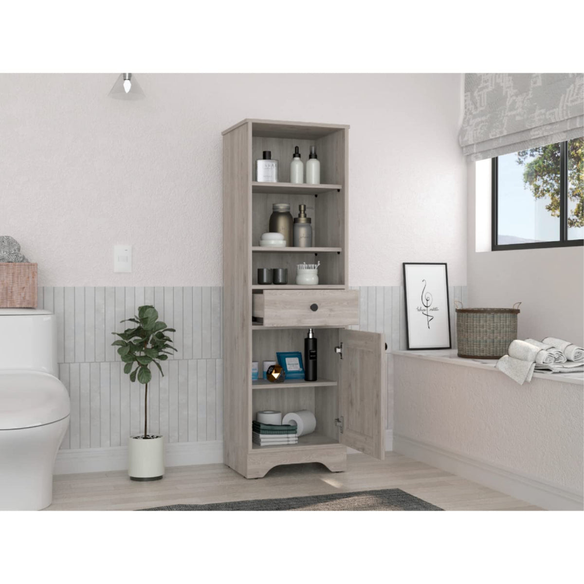 Linen Single Door Cabinet 55H, 3 External Shelves, 1 Drawer, 2 Interior Shelves, Light Gray