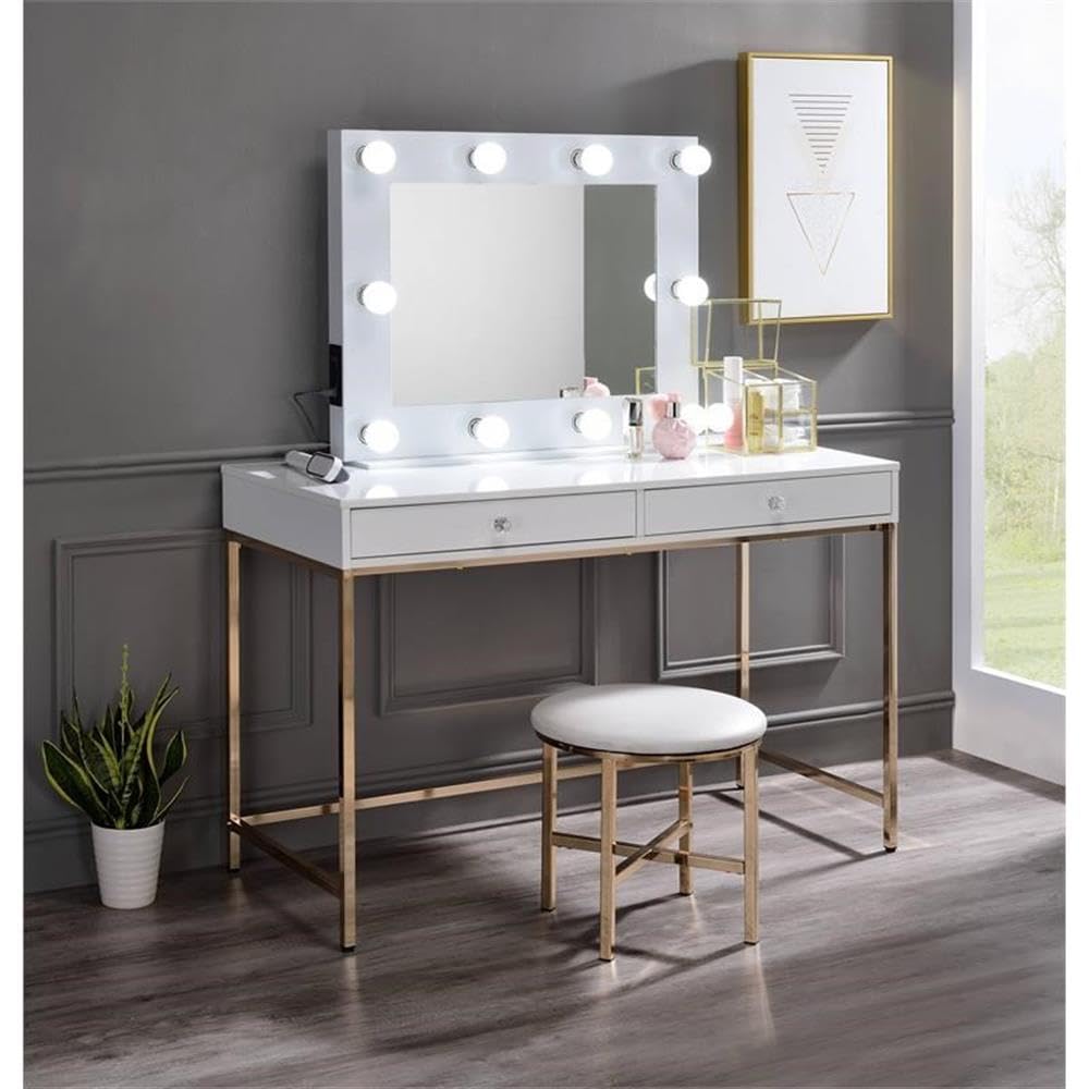 Acme Avery Rectangle Wooden Frame Accent Mirror with Lighting in White