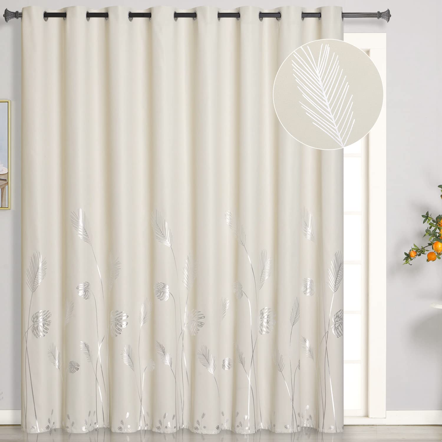 Estelar Textiler Cream Beige Curtain For Sliding Door 100W X 84L Inch Long Silver Palm Curtain Light Filtering Window Energy Sav