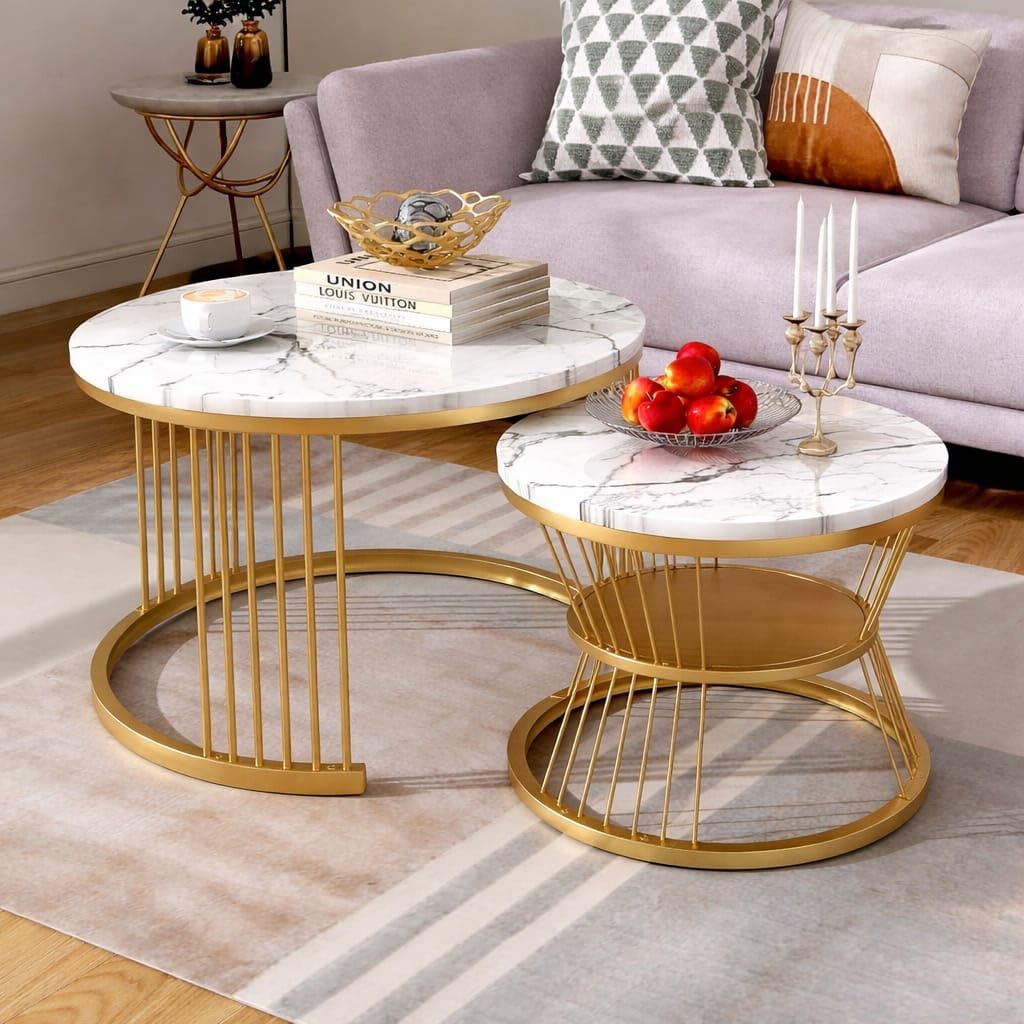 Edeueque Handmade Iron Frame 20.5inch X 20.5inch 17.5inch Inches Rounded Coffee Table With Marble Veneer Top Set Of 2 Wooden Nesting Side
