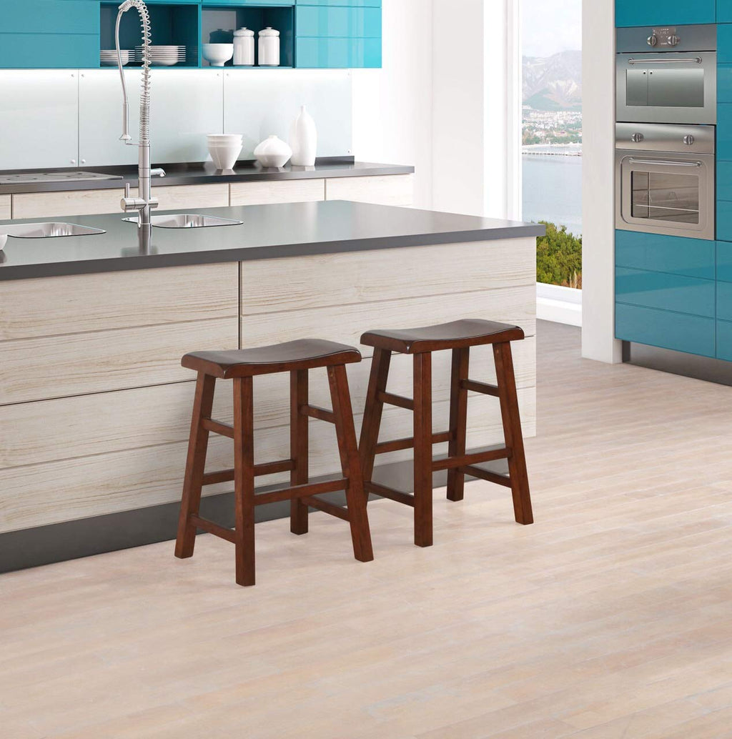 Ehemco Heavy-Duty Solid Wood Saddle Seat Kitchen Counter Height Barstools, 24 Inches, Walnut, Set Of 2