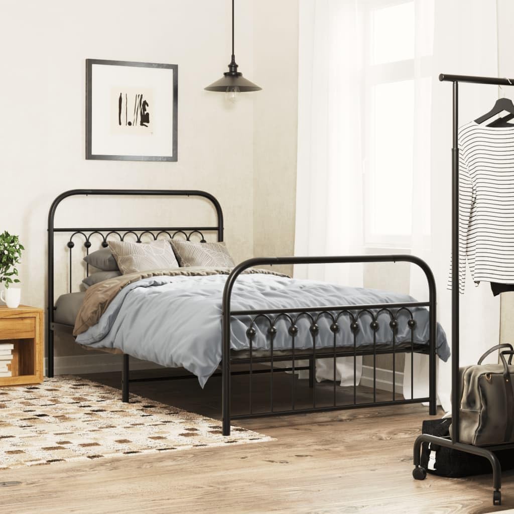 vidaXL Metal Bed Frame with Headboard/Footboard - Sturdy Steel Single Bed Frame with Storage - Black, 81.5" x 41.3" x 39.4"