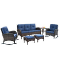Belord Patio Rocking Chairs Furniture Set Of 6, Outdoor Wicker Furniture Sets With Wicker Rocker, Small Patio Conversation Sets With Outdoor Couch Ottomans Brown/Blue