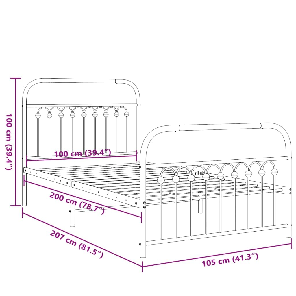 vidaXL Metal Bed Frame with Headboard/Footboard - Sturdy Steel Single Bed Frame with Storage - Black, 81.5" x 41.3" x 39.4"