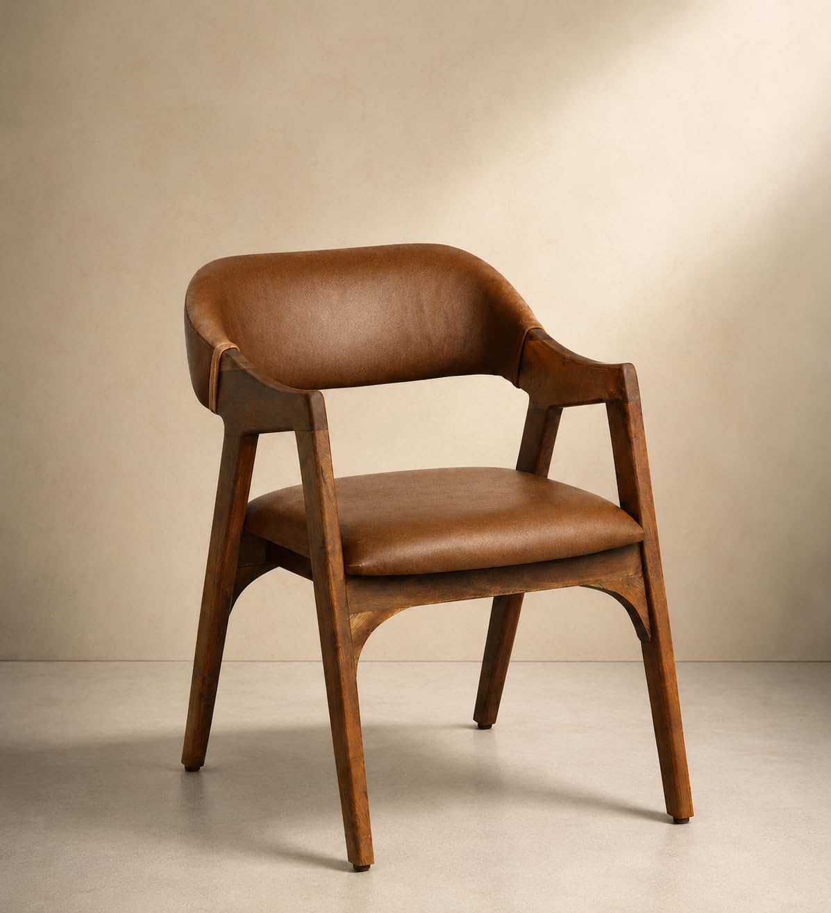 The Kashth Midcentury Modern Dining Chair With Wooden Frame, Brown Faux Leather Upholstery, Armchair