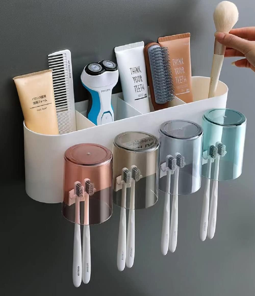 FAMOUS SHOP Toothbrush Holder Wall Mounted, 4 Cup, Tooth Brush Holder for Bathroom
