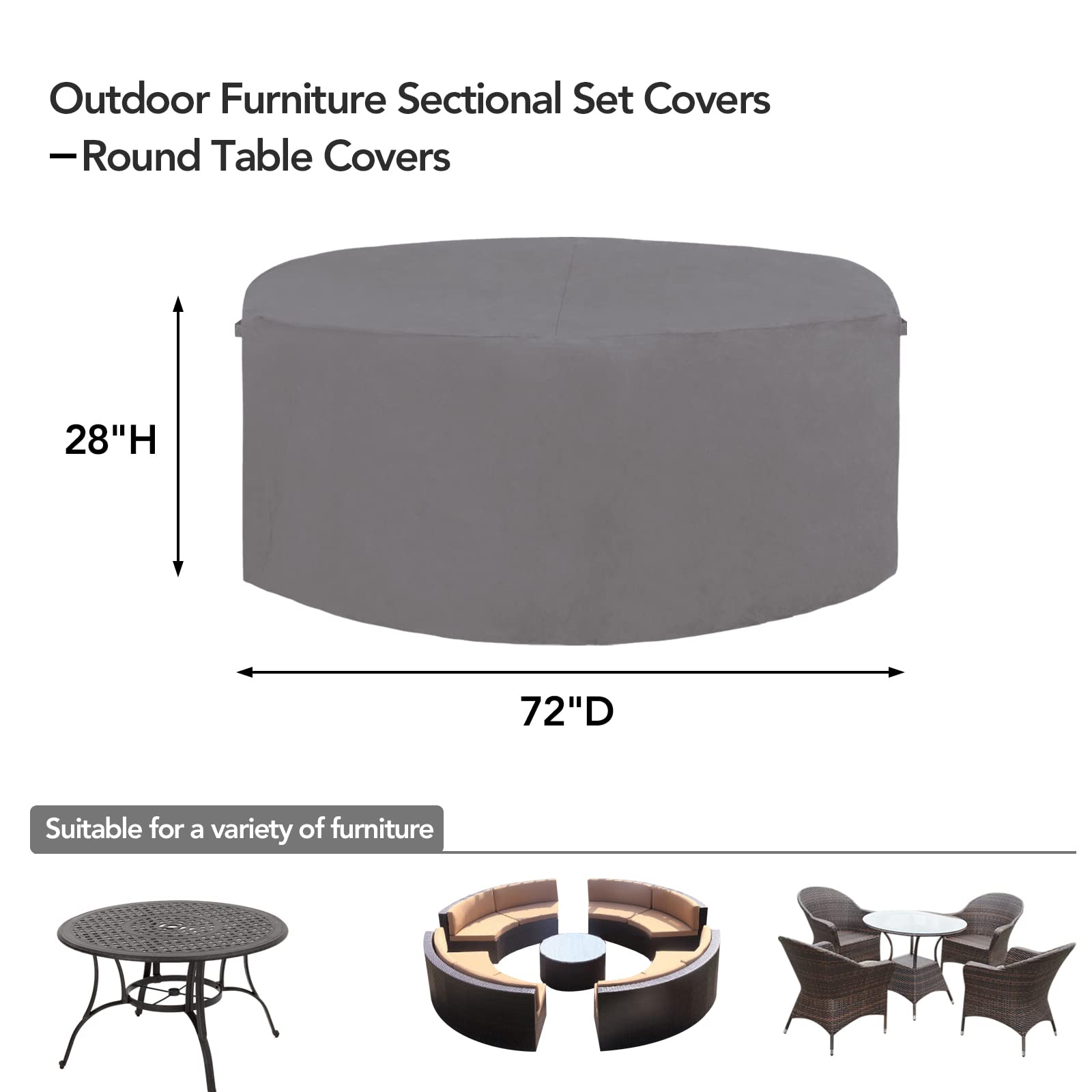 Easy-Going 600D Heavy Duty Round Patio Furniture Cover, Outdoor Table And Chair Set Cover, Waterproof Outdoor Sectional Furniture Set Cover (72'Diax 28'H, Grey)