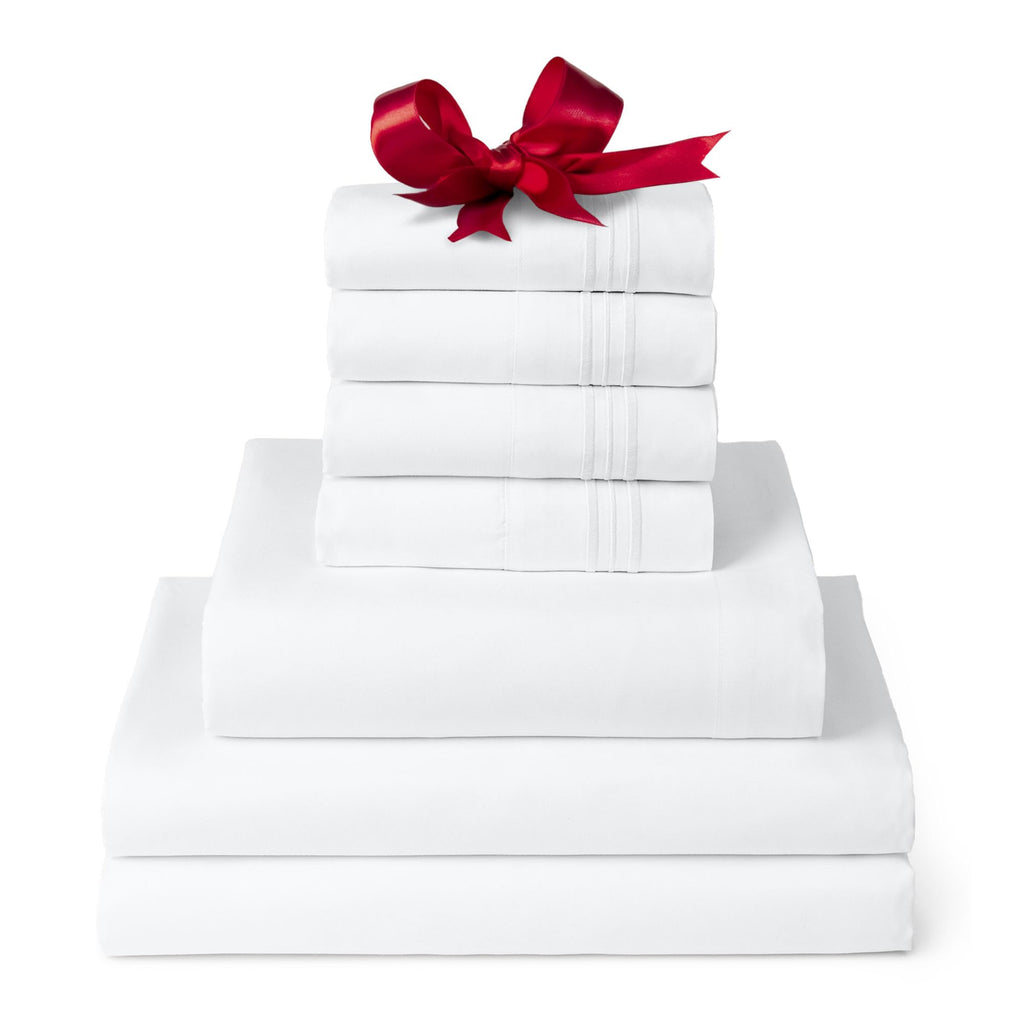 Mellanni Split King Sheet Set - 7-Piece Iconic Collection Bedding, (Including 4 Pillowcases), 16-Inch Deep Pocket, Easy Care, Extra Soft, Cooling Sheets, Brushed Microfiber - White