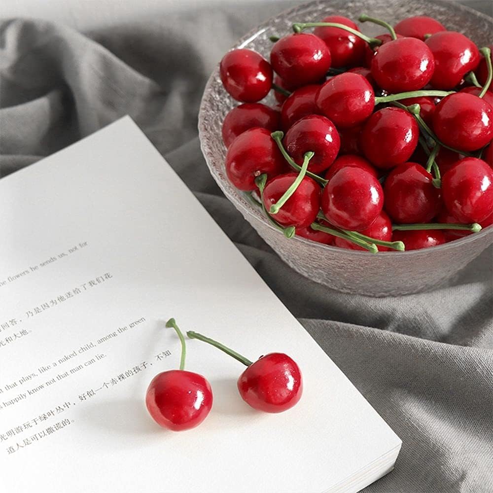Baolaili 20Pcs Red Artificial Cherries, Fake Fruit Decor Simulation Cherry Model Lifelike Fruit Cherry Ornament, Home Kitchen Pa