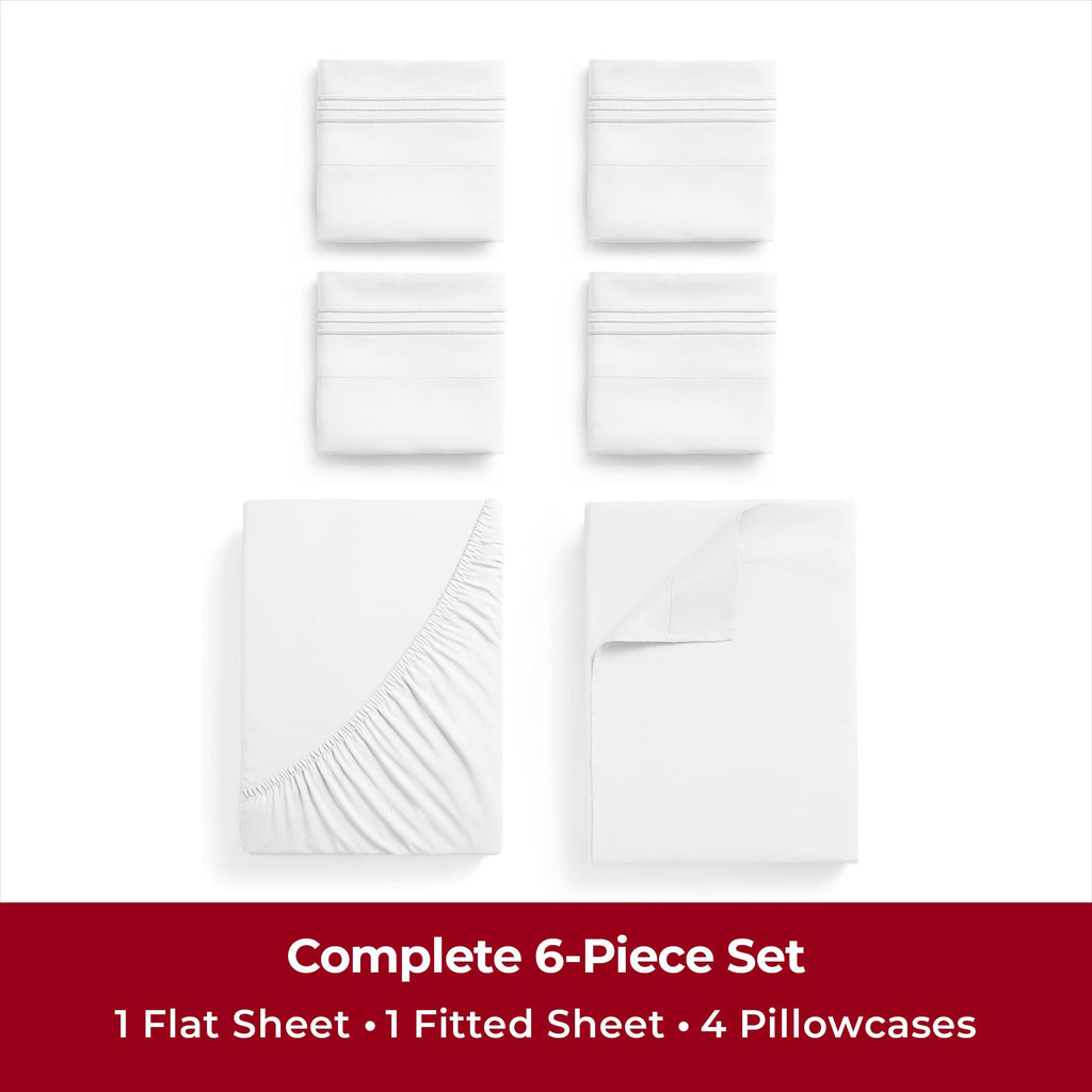 Mellanni Full Sheet Set - 6-Piece Iconic Collection Bedding, (Including 4 Pillowcases), 16-Inch Deep Pocket, Easy Care, Extra Soft, Cooling Sheets, Brushed Microfiber - White