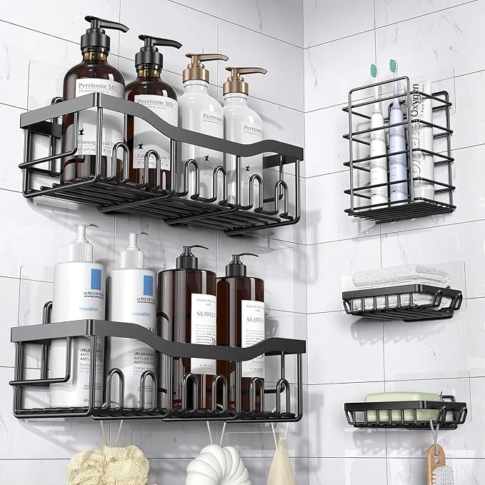 Nariya 5 In 1 Self Adhesive Organizer Combo/Metal Racks And Shelves For Wall/Stand For Bathroom Without Drill/Soap Holder With T