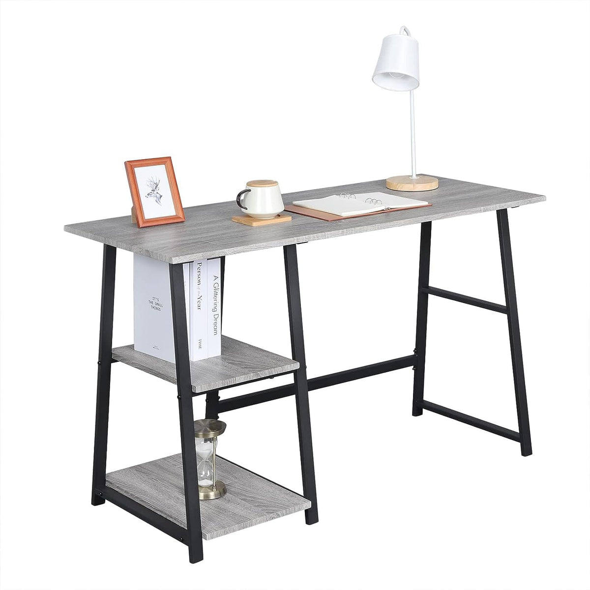 Priti Computer Desk With Storage Shelf Modern Writing Table Metal Frame Home Office Workstation Study Desk With Book Rack Gray W