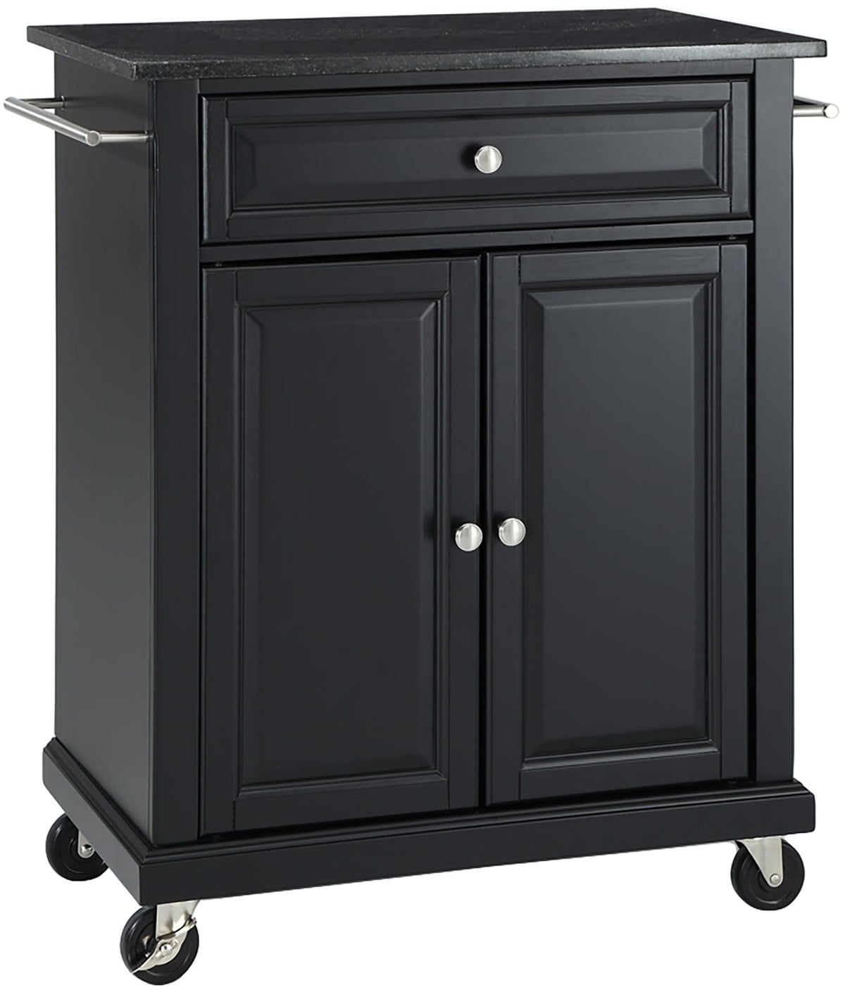 Crosley Furniture Compact Granite Top Small Rolling Cart With Shelves, Microwave Stand With Towel Rack, Black