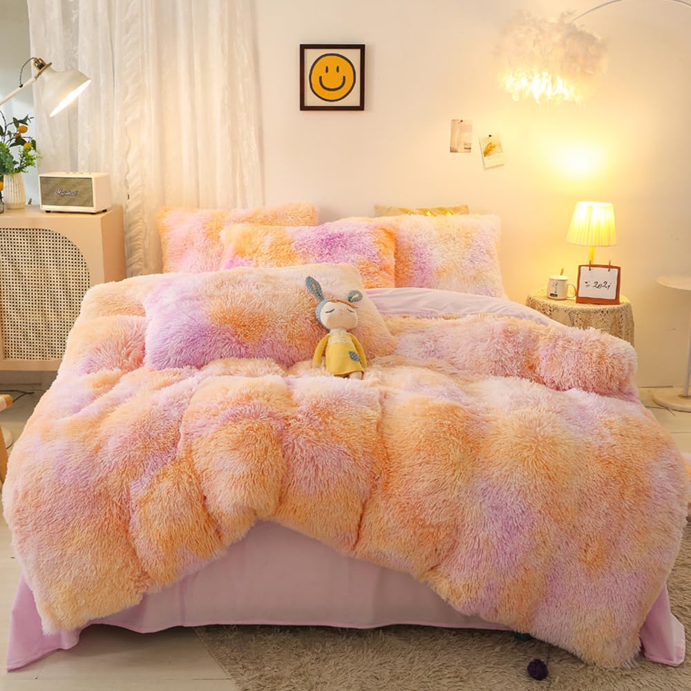 Sucses Plush Shaggy Duvet Cover Set For Girls, 3 Pcs Fluffy Full Size Bedding Sets, Faux Fur Tie Dye Teen Girl Bed Set, Colorful
