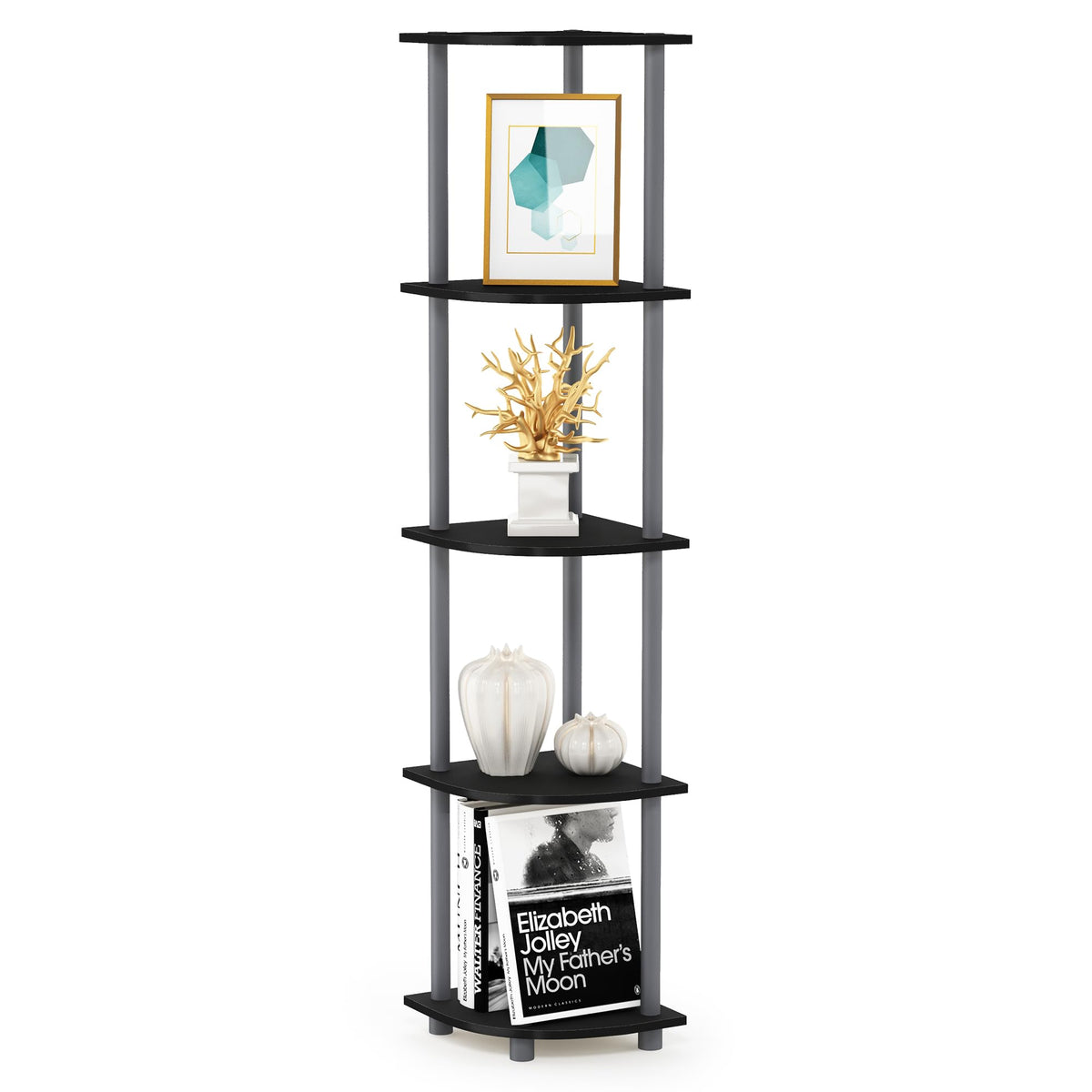 Furinno Turnntube 5 Tier Corner Display Rack Multipurpose Shelving Unit, 1Pack, Black/Grey