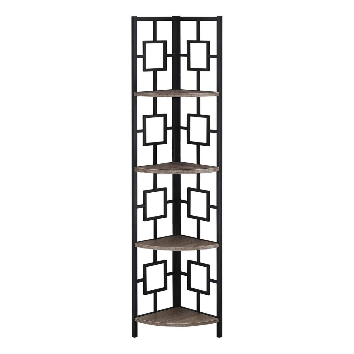Monarch Specialties I 3611 Bookshelf, Bookcase, Etagere, Corner, 4 Tier, 62 Inch  H, Office, Bedroom, Metal, Laminate, Brown, Black,