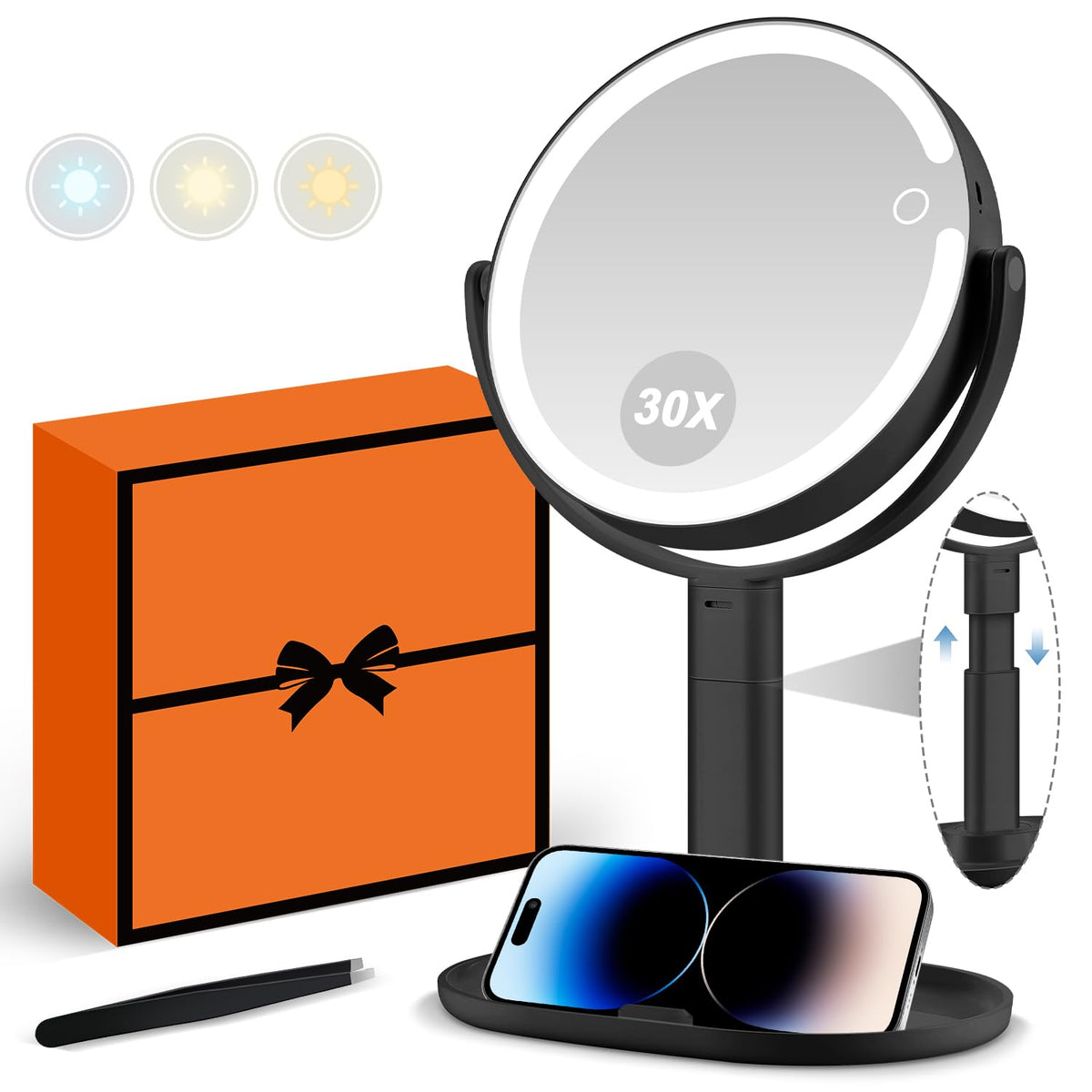 Miyadiva Makeup Mirror With Lights, 30X Magnifying Mirror With Light And Touch Switch, Vanity Mirror With 3 Color Light And 80 L