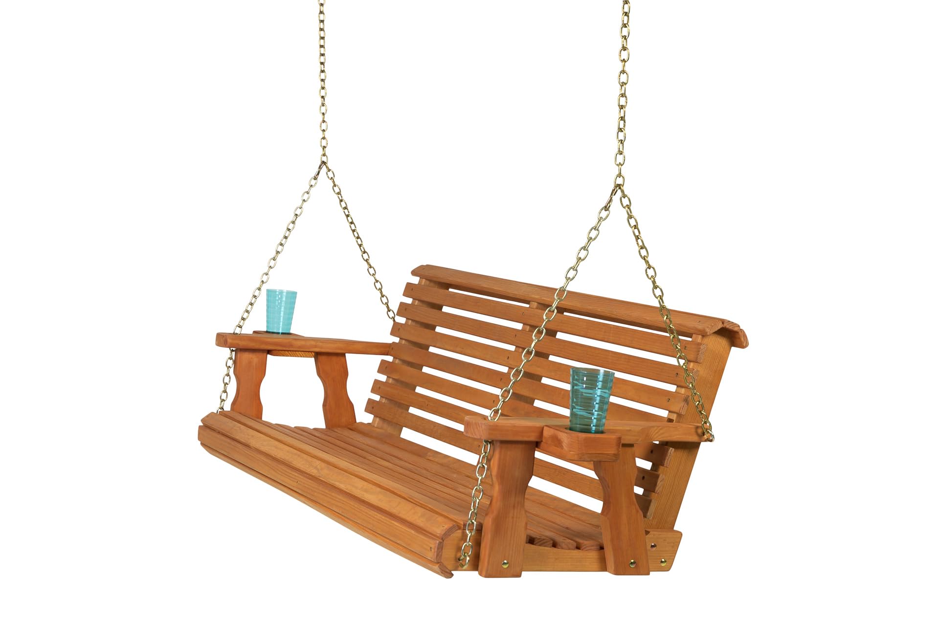 Amish Casual 5 Foot Roll Back Porch Swing With Cup Holders In Cedar Stain - Amish Made In The Usa From Treated Pine Heavy Duty 700 Lb. Weight Capacity