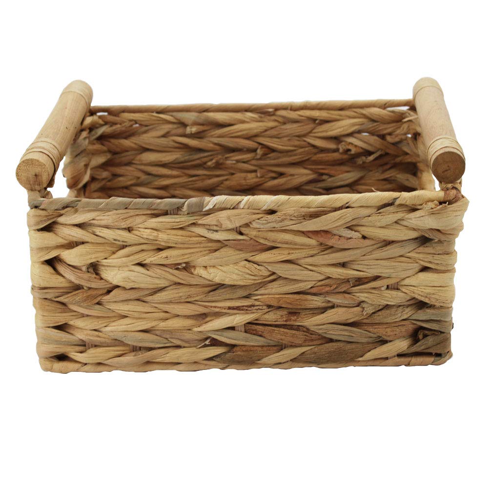 Storage Basket made by Water Hyacinth with Wood Handles, Arts and Crafts. (Small) Natural