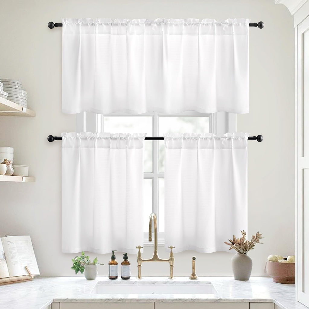 Homeideas White Kitchen Curtains 30 X 36 Inches 2 Panels Set Non-See-Through Privacy Semi Sheer Short Window Curtains Fish Bone