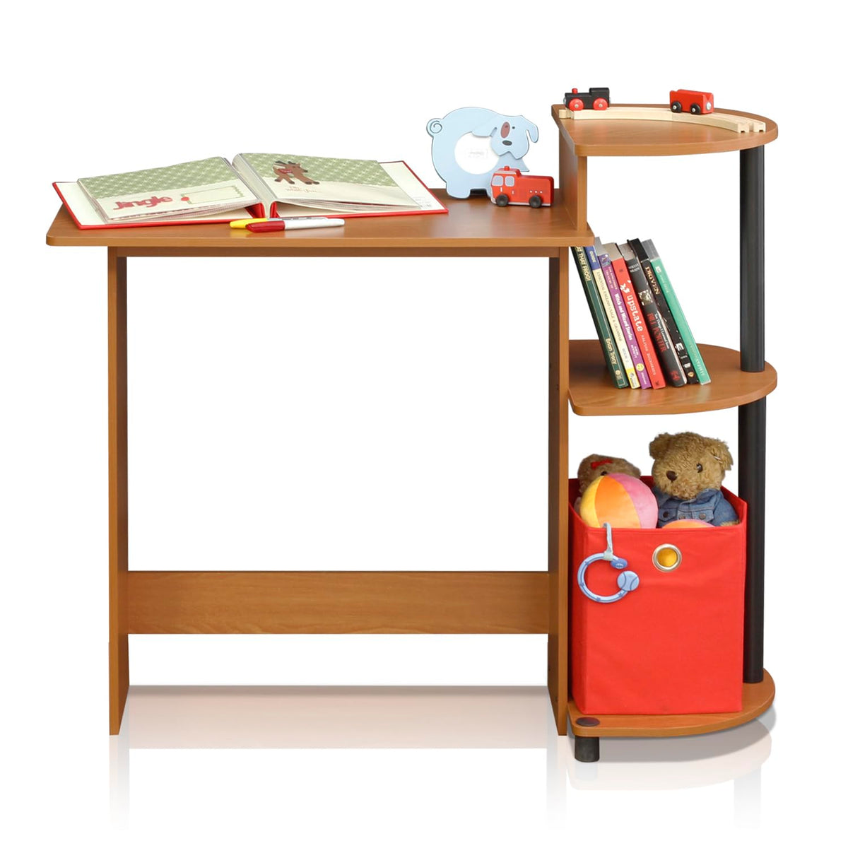 Furinno Compact Computer Desk with Shelves, Round Side, Light Cherry/Black