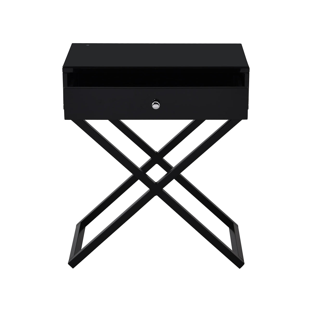 Lilola Home Koda Black Wooden End Side Table Nightstand with Glass Top, Drawer and Metal Cross Base