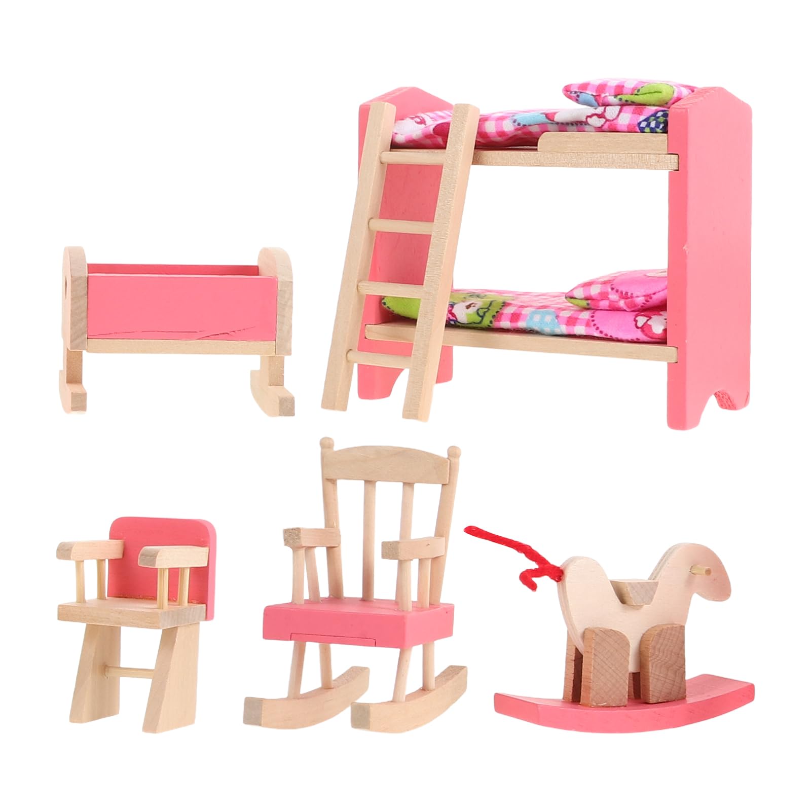 JOINPAYA 1:12 Scale Wood Bunk Bed Dollhouse Furniture Setith Ladder and Rocking Horse, DIY Miniature Accessories for Dollhouse B