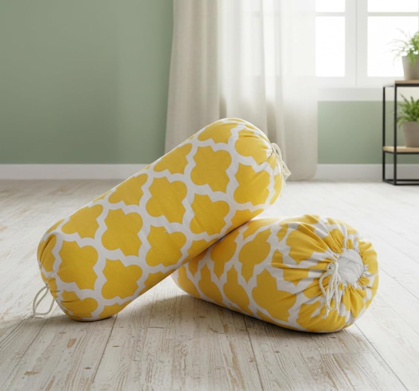 Homemonde Bolster Round Cushion Covers 16 X 32 Inches For Living Room Decoration (Yellow Quatrefoil) Cotton, 200 Tc