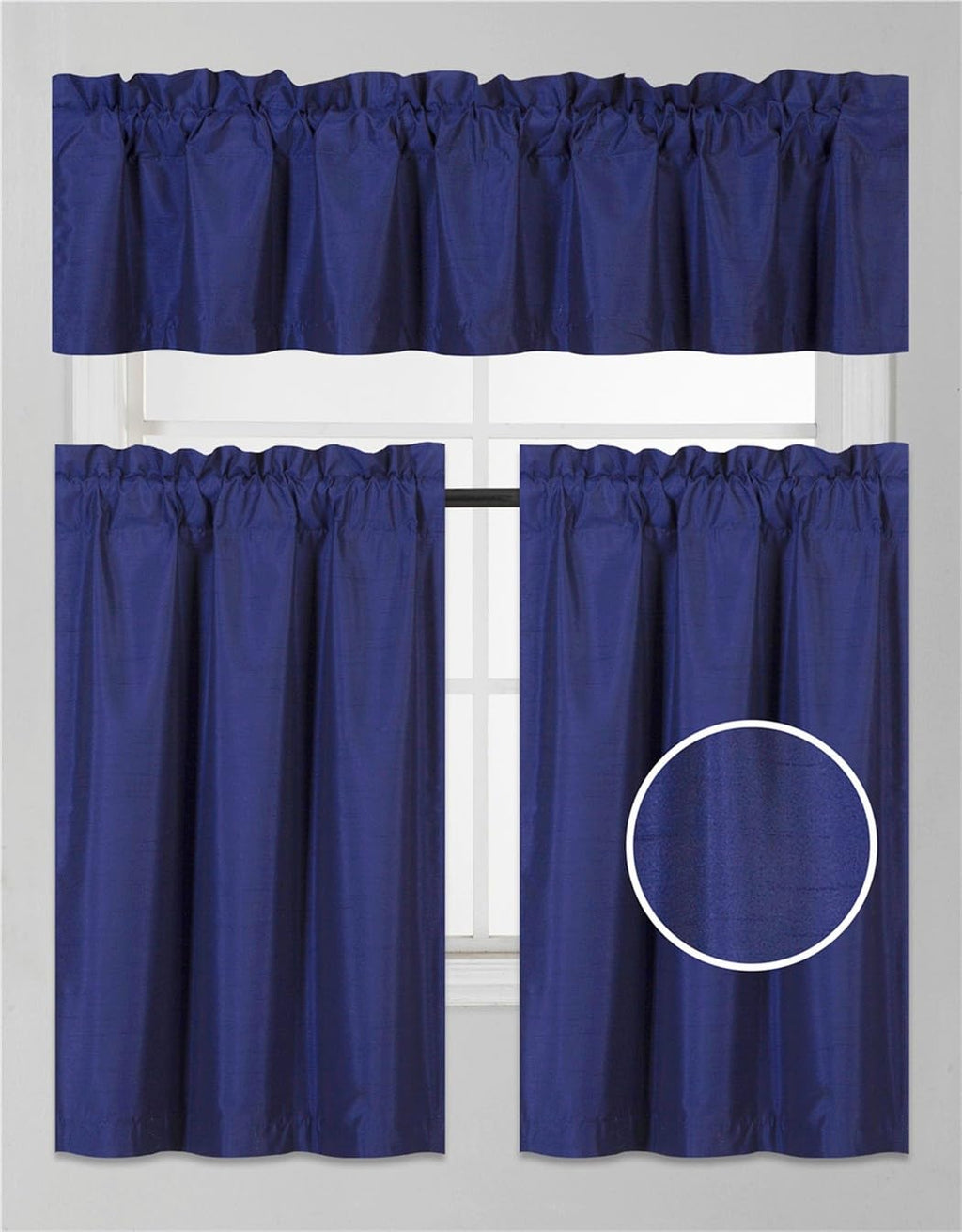 3Pc Set Solid Faux Silk Lined Blackout Rod Pocket Small Kitchen Window Curtain With Valance (K3) (Royal Blue)