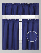 3Pc Set Solid Faux Silk Lined Blackout Rod Pocket Small Kitchen Window Curtain With Valance (K3) (Royal Blue)