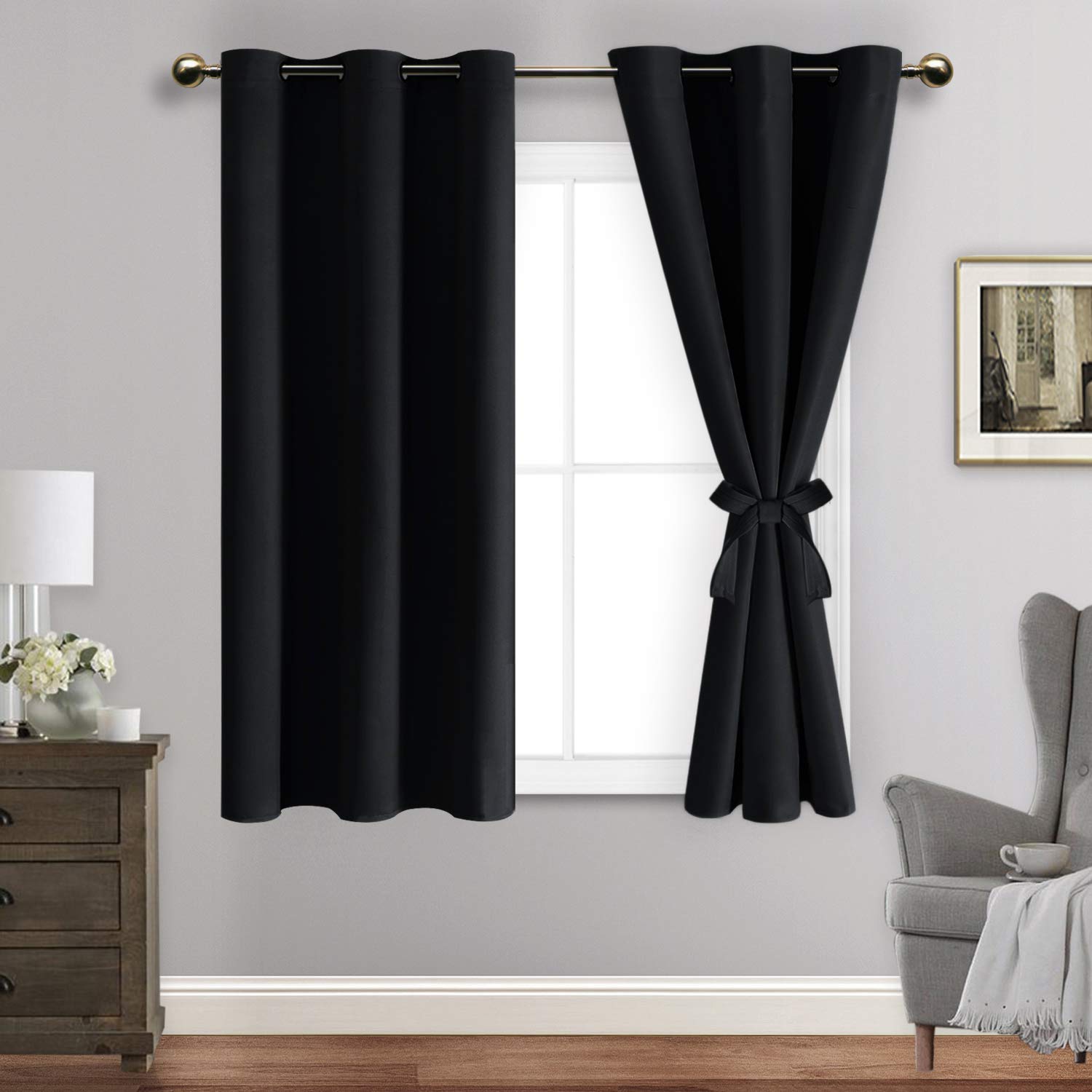 Jiuzhen Black Blackout Curtains With Tiebacks - Thermal Insulated, Light Blocking And Noise Reducing Grommet Curtain Drapes For Bedroom And Living Room, Set Of 2 Panels, 38 X 54 Inch Length