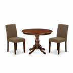 East West Furniture HBAB3-MAH-18 3 Piece Dining Room Table Set Contains a Round Kitchen Table with Pedestal and 2 Coffee Linen Fabric Parson Dining Chairs, 42x42 Inch, Mahogany