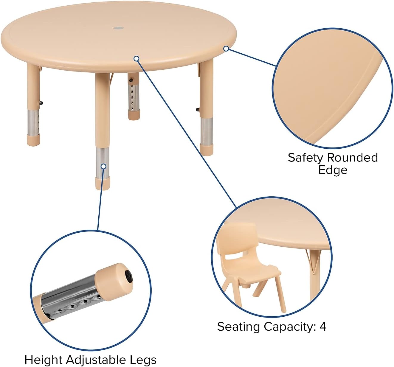 33 Round Natural Plastic Height Adjustable Activity Table Set with 4 Chairs