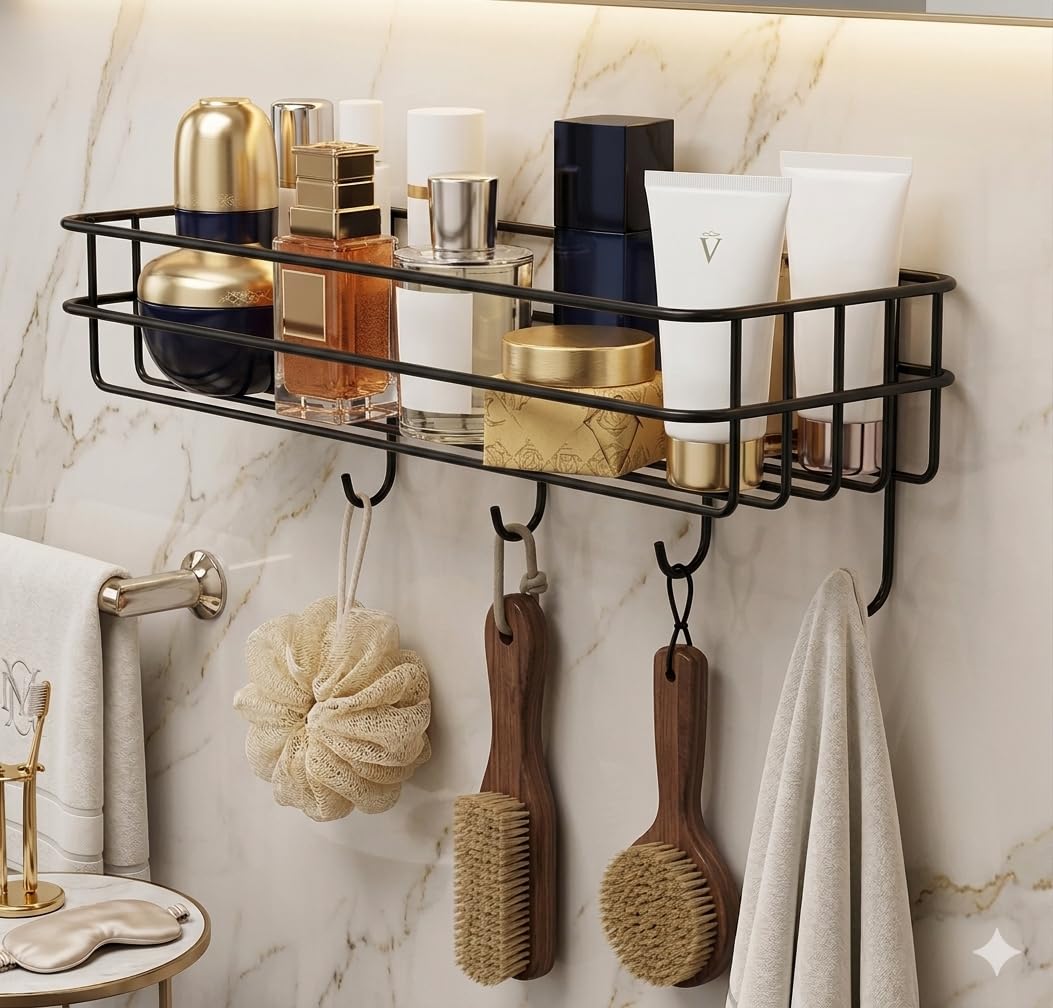 Moxly Self Adhesive Bathroom Shelf With 4 Hooks | Wall Mounted Metal Rack For Shampoo Soap And Accessories Storage | Rectangular