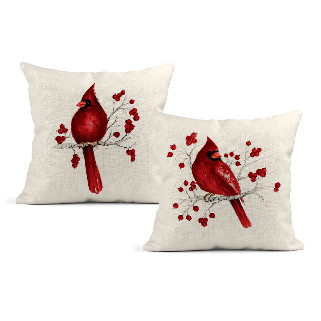 Lokmu Set Of 2 Throw Pillow Covers Winter Christmas Cardinal Bird Red Berries Square Linen Home Decorative Cushion Covers Pillow