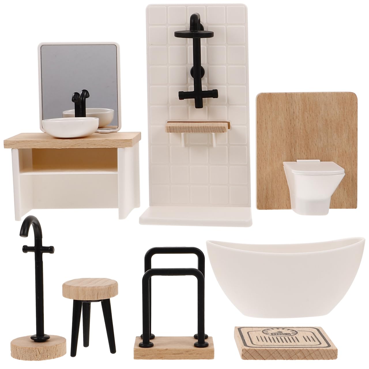 Veemoon Miniature Dollhouse Bathroom Furniture Set, 8pcs 1:12 Scale Dollhouse Shower Accessories Mini Shower Decoration Props Ti