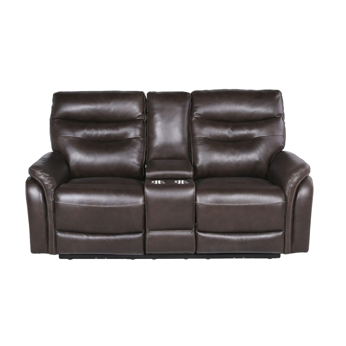 Steve Silver Co Fortuna Recliner Console Loveseats, Top Grain Leather, Contemporary Style, Console Storage, USB Charging Port, 2-Cupholders, Living Room, Den, 38" D x 73.5" W x 41" H, Brown