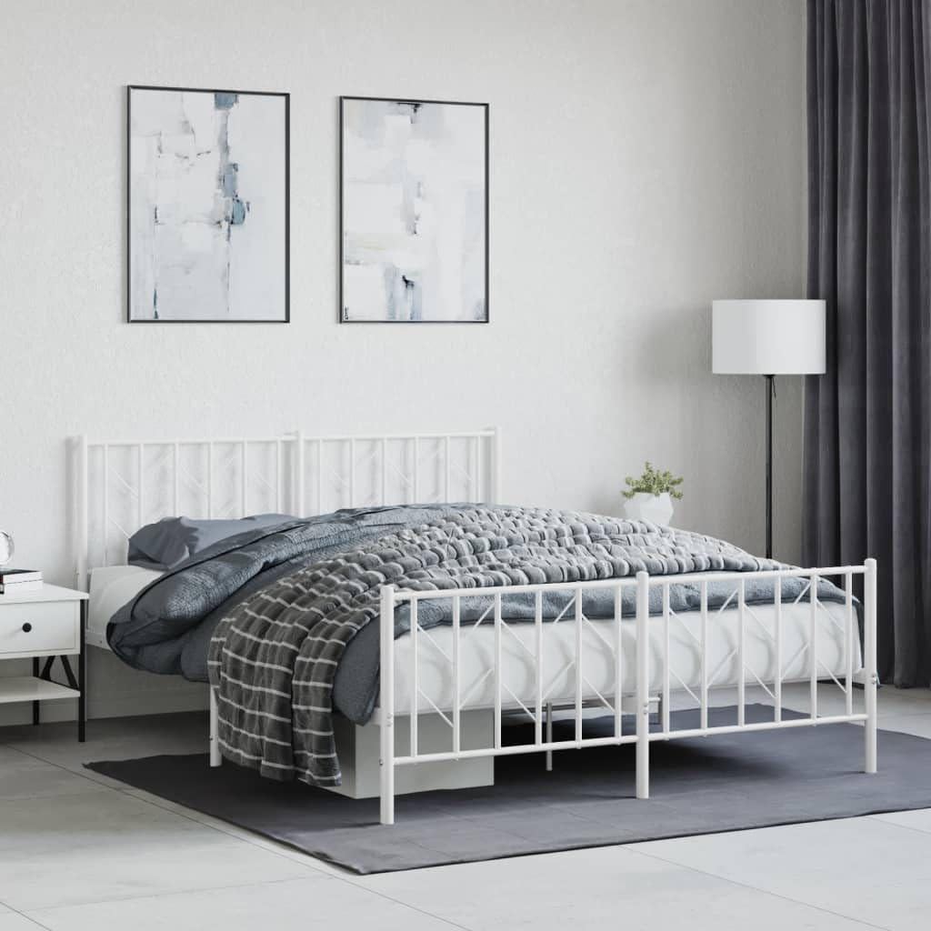 vidaXL 12'' Metal Queen Bed Frames with Headboard and Footboard, Platform Bed Frame with Strong Metal Slats Support, Under Bed Storage, Noise Free, White, Without Mattress