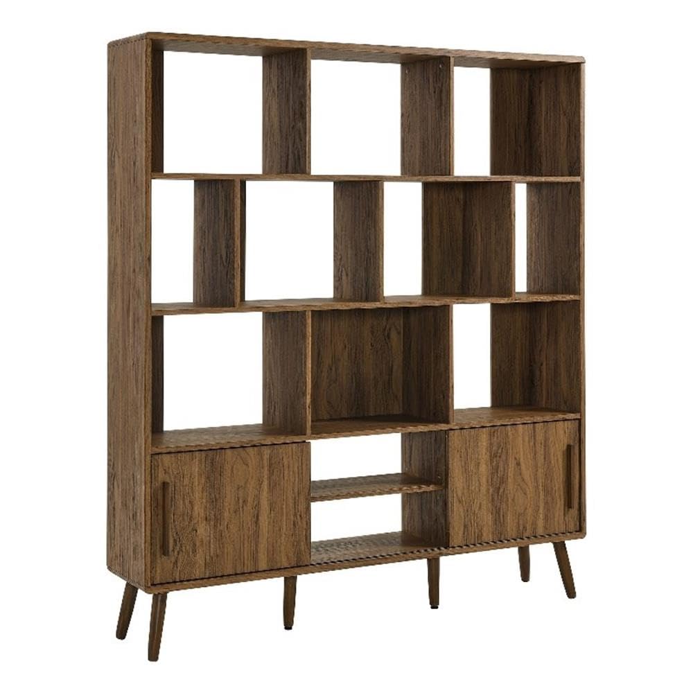 Modway Transmit 14 Shelf Bookcase with Sliding Doors in Walnut - 59 Inch Wood Mid-Century Modern Bookshelf - 4 Tier Wide Open Di
