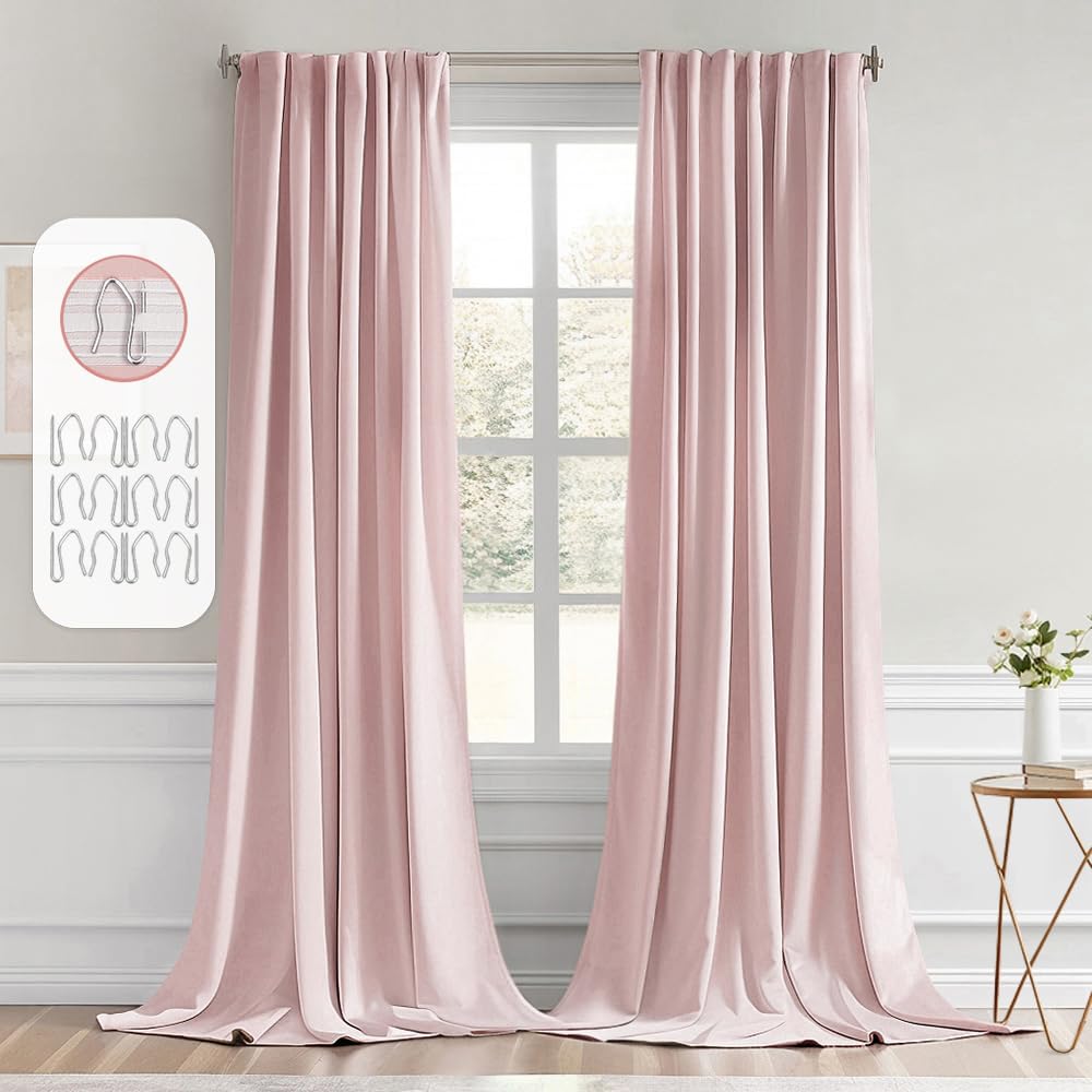 Miulee Baby Pink Back Tab Blackout Curtains 96 Inch Long 2 Panels Set For Living Room Bedroom, Rod Pocket/Pinch Pleated Long Thermal Insulated Room Darkening Light Blocking Floor To Ceiling Drapes