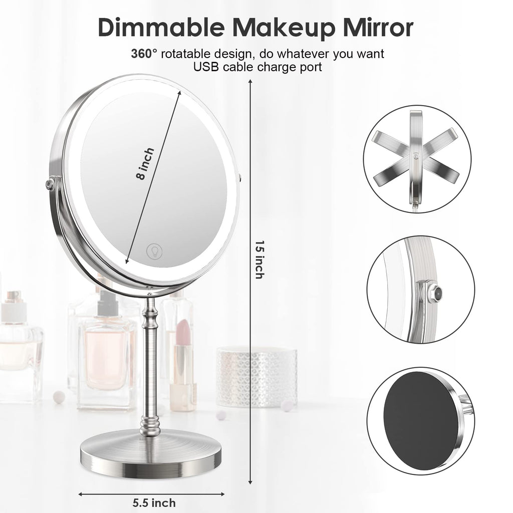 Lighted Makeup Mirror, 8' Rechargeable Double Sided Magnifying Mirror With 3 Colors, 1X/10X 360 Rotation Touch Screen Vanity Mi
