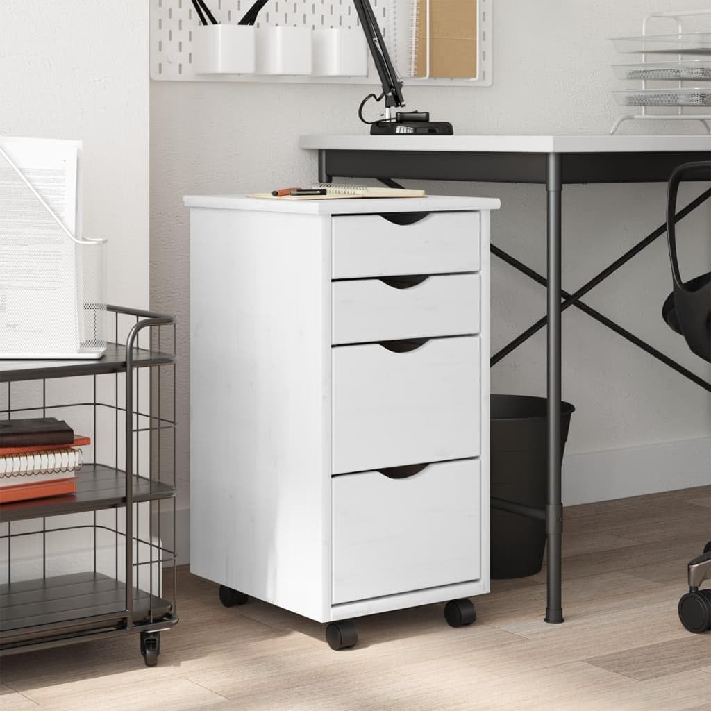 vidaXL Moss 4-Drawer Chest, Solid Pine Wood Mobile File Cabinet, Storage Cabinet on Wheels, Chest of Drawers for Home Office, Easy Assembly & Maintenance, 13.4x15.4x25.8, White