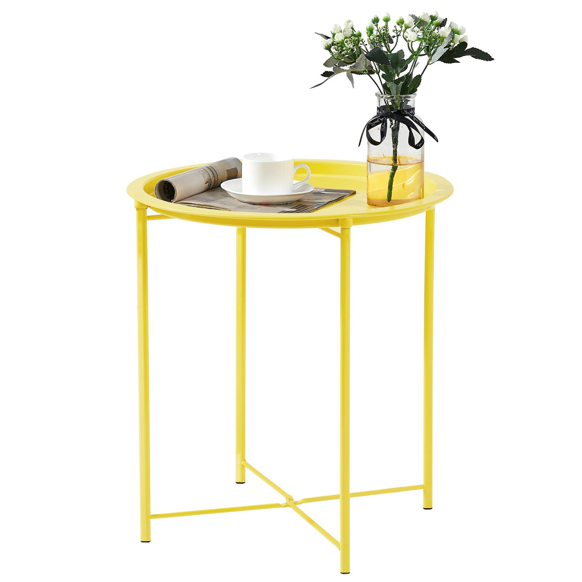 Vecelo Side/End Table, Folding Round Metal Anti-Rust And Waterproof Outdoor Or Indoor Tray For Living Room Bedroom Balcony And Office, 1 Pcs,Yellow