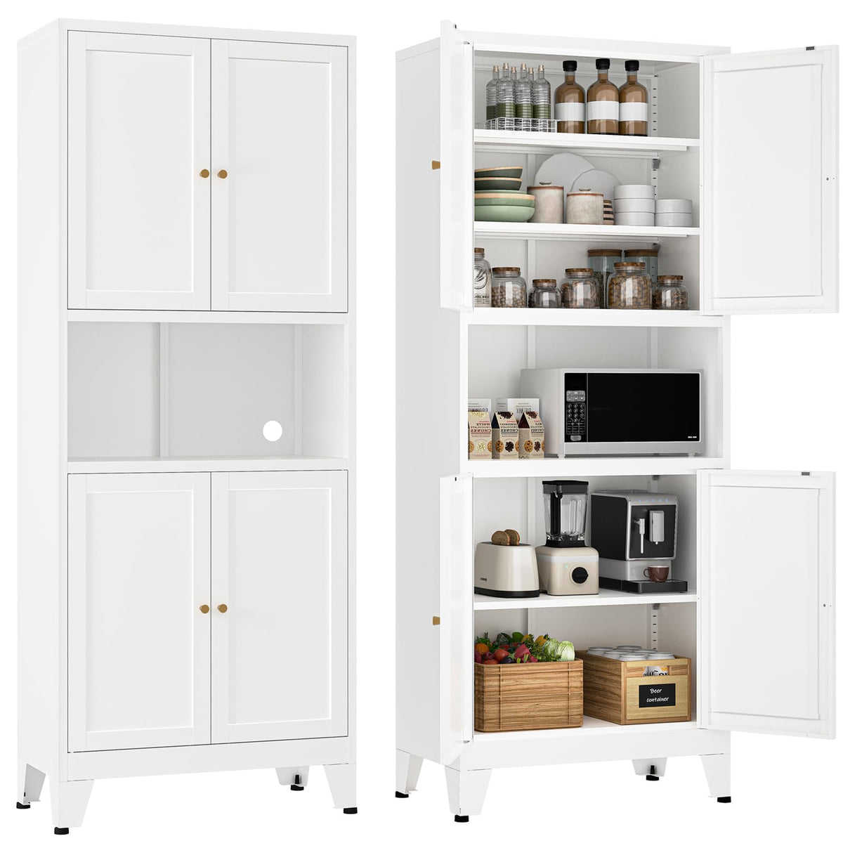 YAUWOH 69 Tall Metal Kitchen Pantry Cabinet with Microwave Shelf, 4 Doors & 3 Adjustable Shelves, Heavy Duty Food Storage Cabin