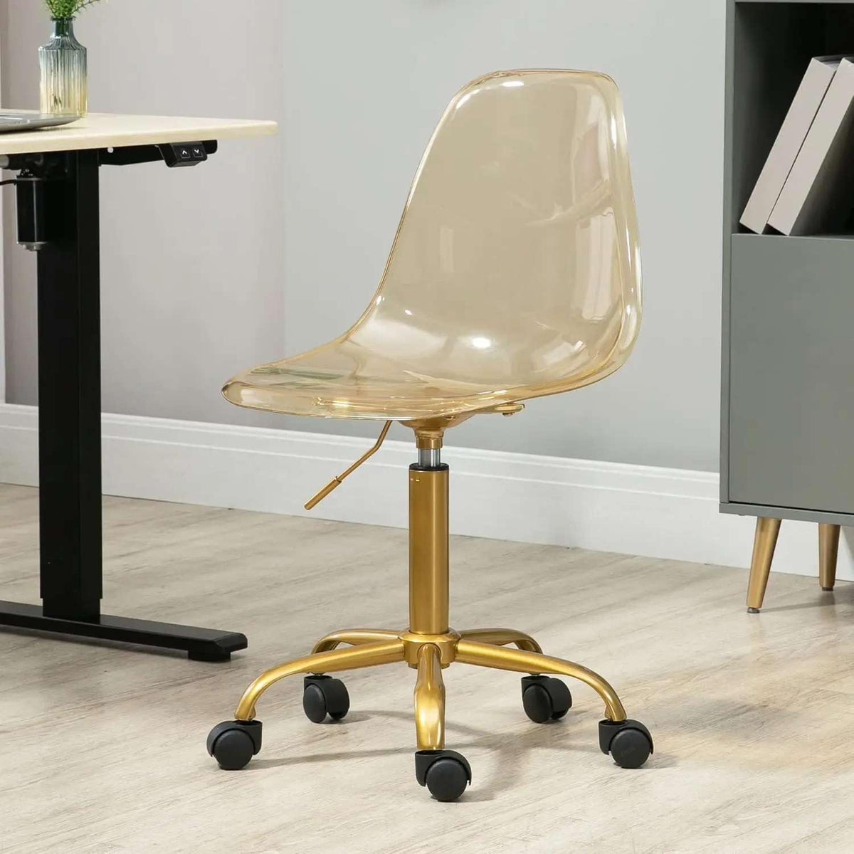 Transparent Acrylic Office Chair With Adjustable Height And Golden Base  Modern Swivel Desk Chair On Wheels For Home Or Office