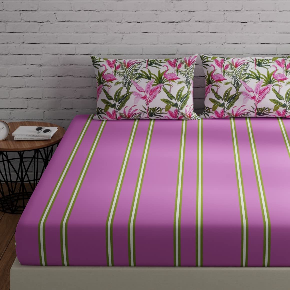Huesland By Ahmedabad Cotton 144 Tc Cotton Bedsheet For Double Bed Queen Size With 2 Pillow Covers | Stripes & Flamingos Pink & 