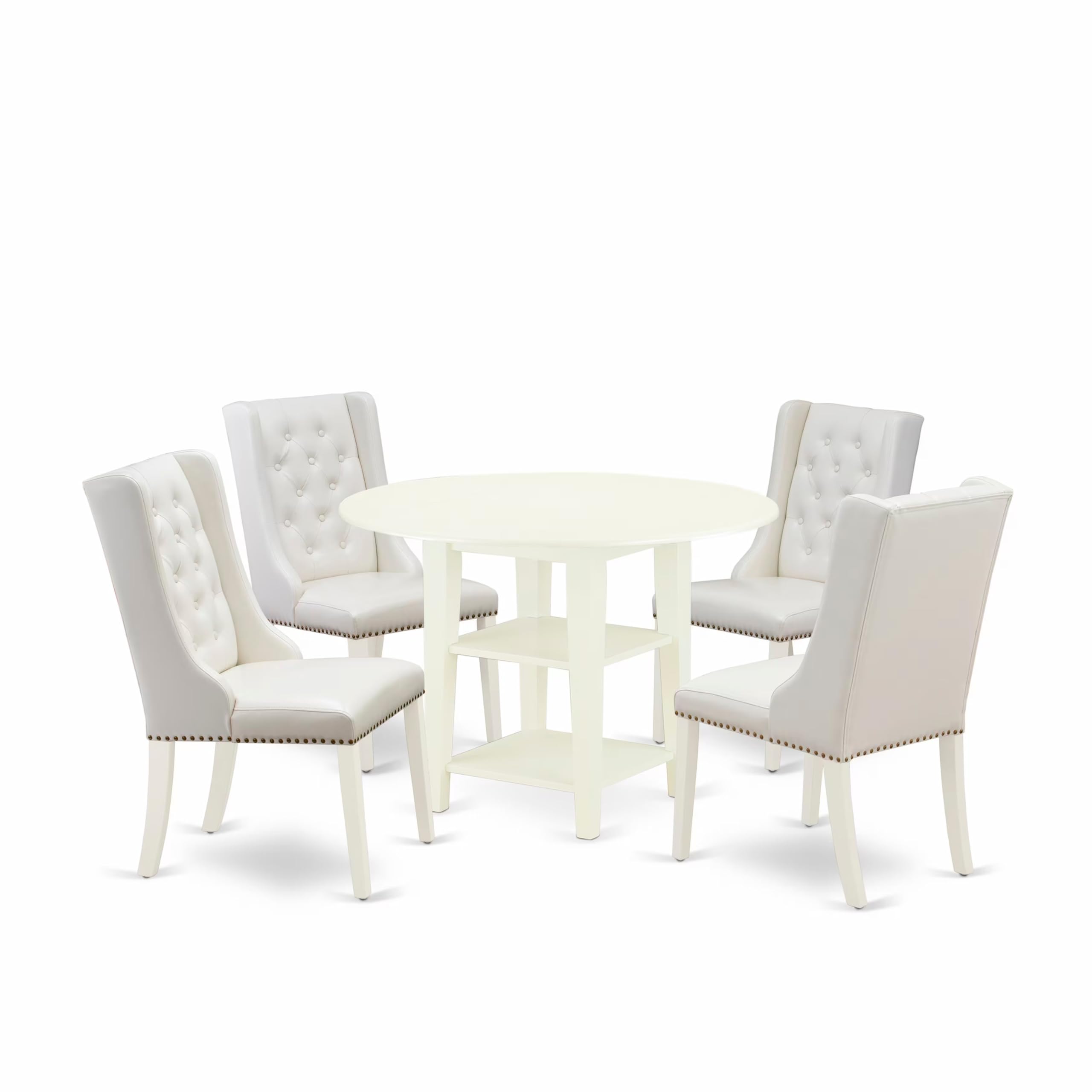 East West Furniture SUFO5-LWH-44 5 Piece Dining Table Set Includes a Round Kitchen Table with Dropleaf & Shelves and 4 Light Gre